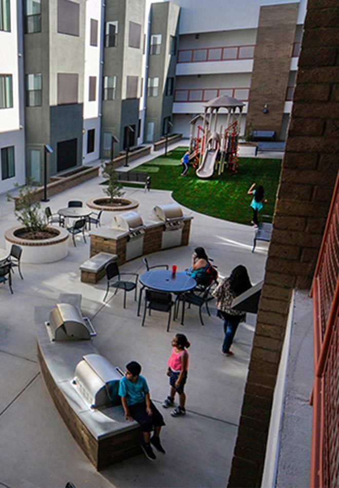 people enjoying courtyard